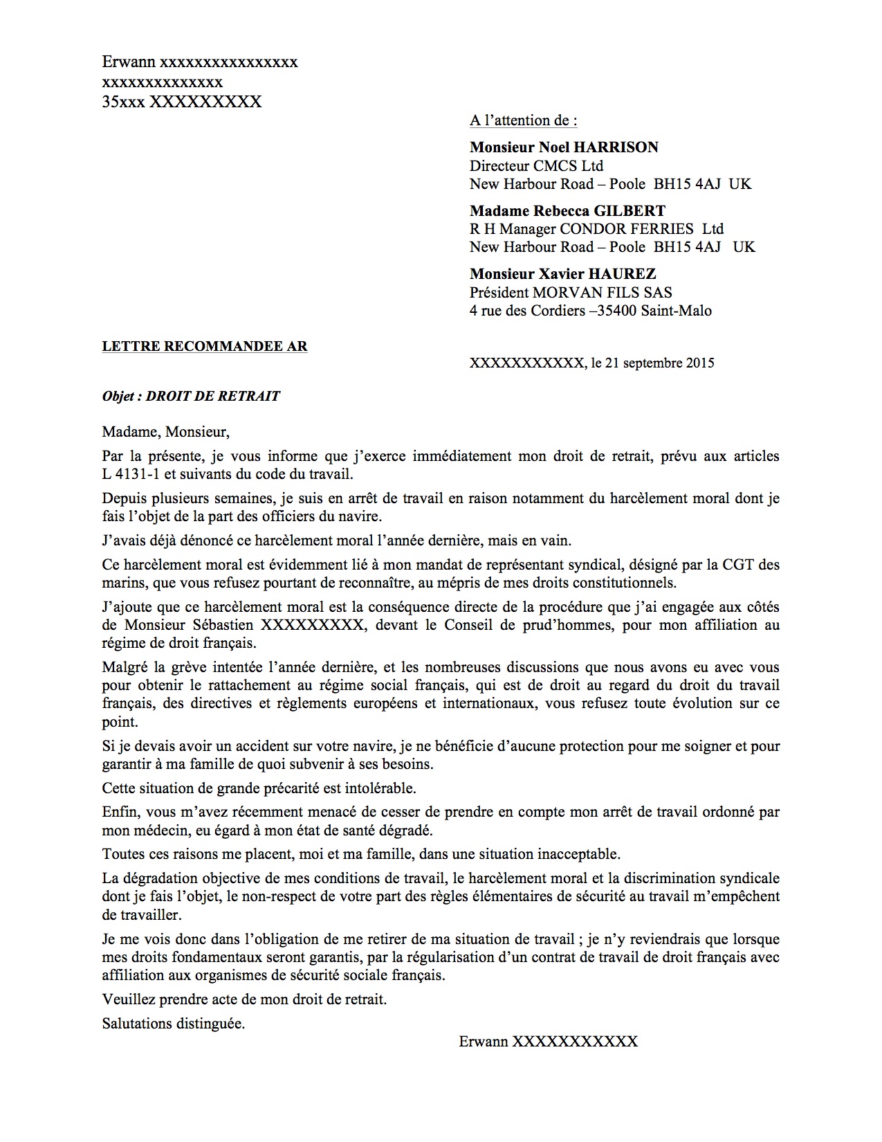 Courrier Droit de retrait Erwann F Condor Ferries