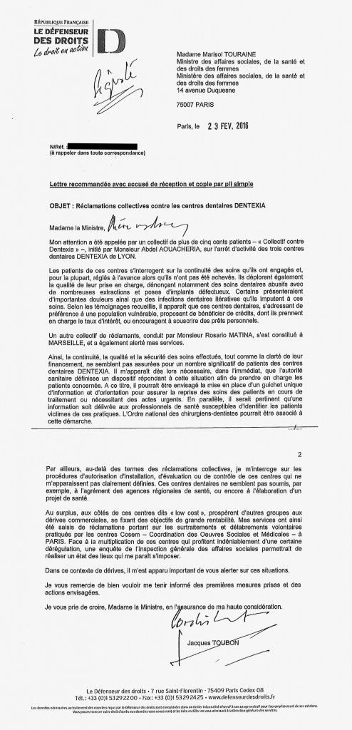 La lettre de Jacques Toubon à l'attention de Marisol Touraine
