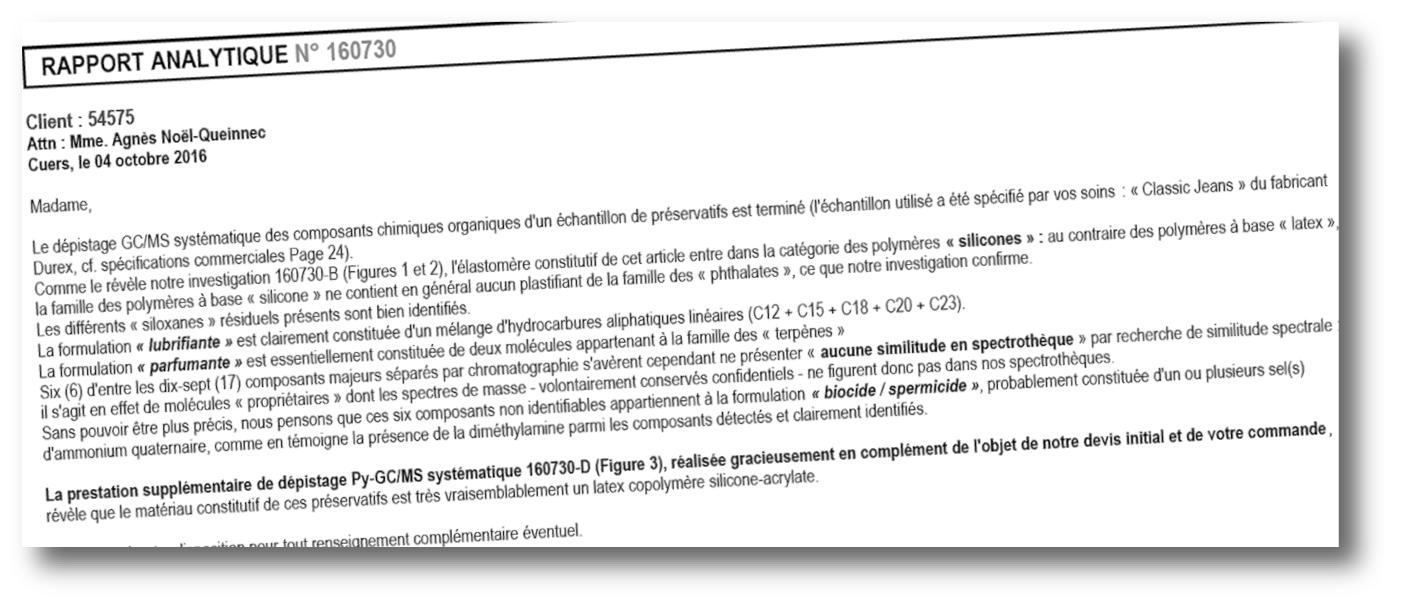 Rapport d'analyse de préservatifs Durex “Classic Jeans”.