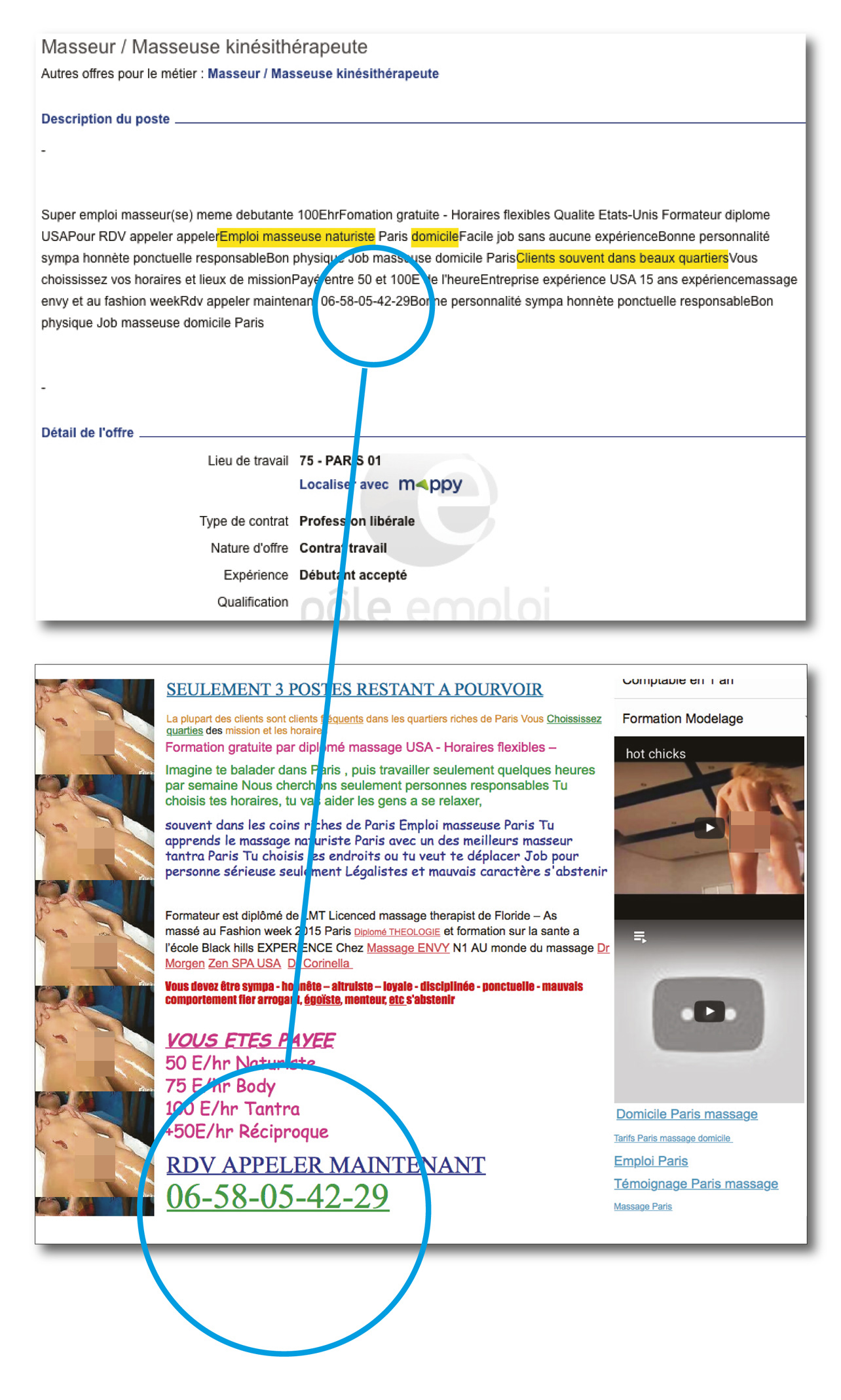 Offre d’emploi de “masseuse nudiste” relevée sur le site de Pôle Emploi + page du site de l’employeur en question