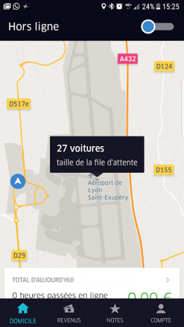 Capture d’écran de l’application destinée aux chauffeurs Uber / File d'attente à l'aéroport St-Exupéry