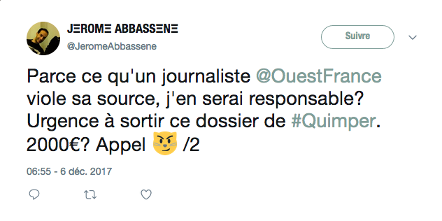 Tweet de Jérôme Abbassène à l'annonce du jugement le condamnant dans l'affaire de la permanence parlementaire de Jean-Jacques Urvoas à Quimper